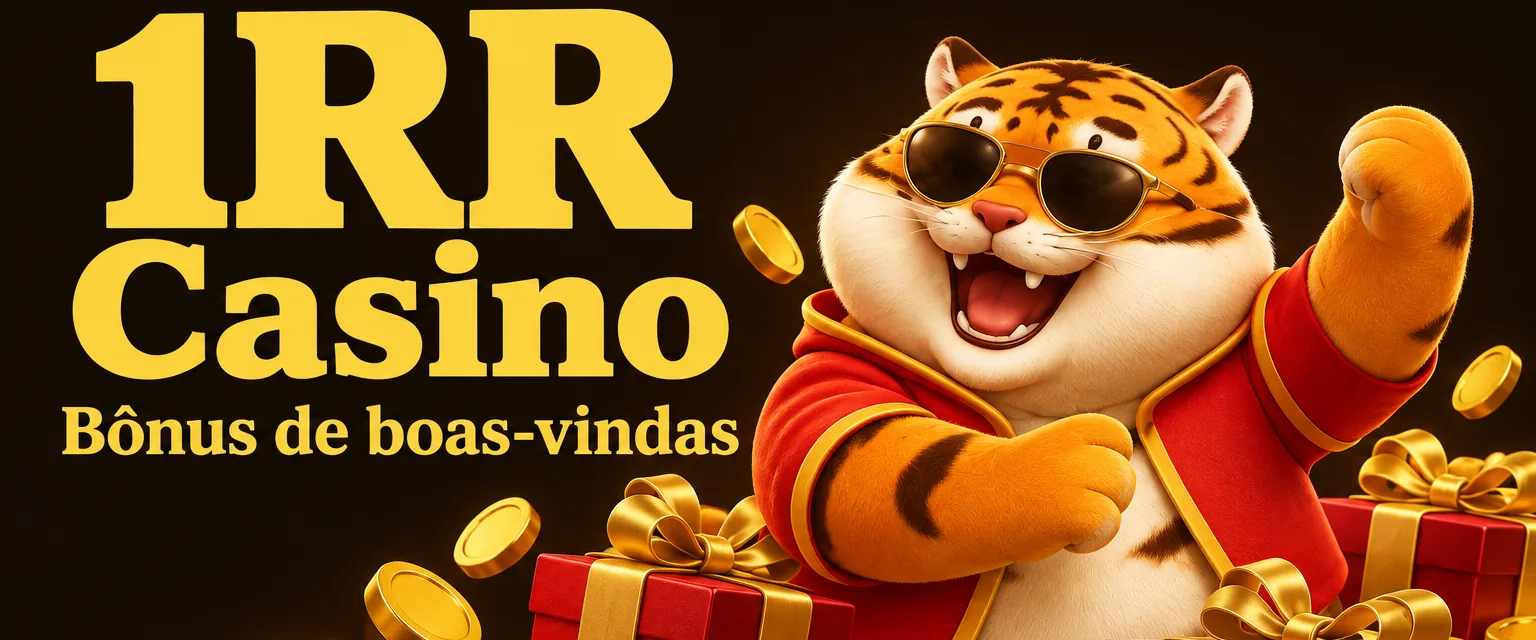 Banner do 1RR Casino com a recompensa de registro de R$ 26,56 e o tigre da série Fortune